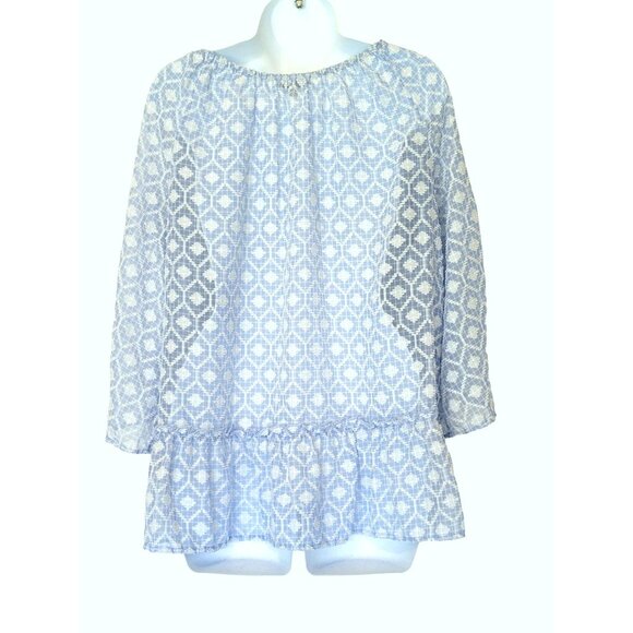 Democracy Blouse Womens XL Blue Patterned Textured Gathered Sleeve Ruffle Blue W - Picture 9 of 11